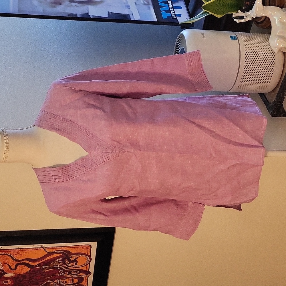 Vivid 100% Linen Purple V Neck 3/4 Sleeve